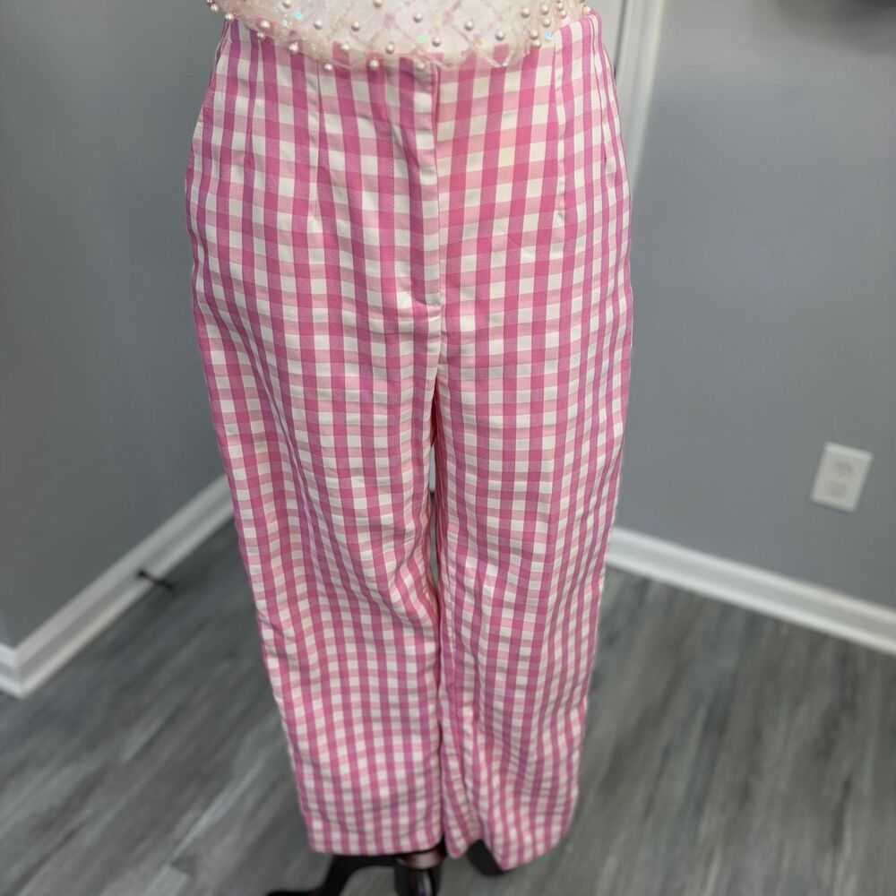 HM Pink Gingham Crop Pants US 8 Ankle High Rise Pastel Check Trousers Stretch